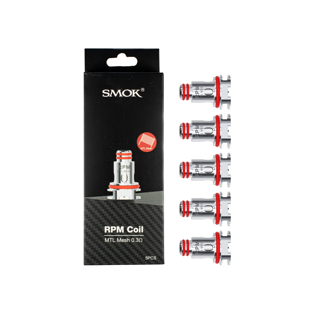Smok RPM 0.3Ω replacement coils 5-pack and packaging on a white background