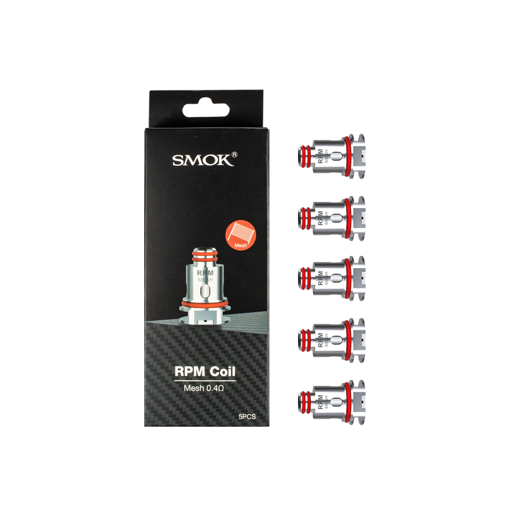 Smok RPM 0.4Ω replacement coils 5-pack and packaging on a white background