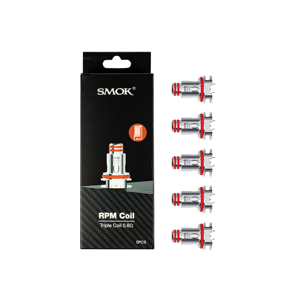 Smok RPM 0.6Ω replacement coils 5-pack and packaging on a white background