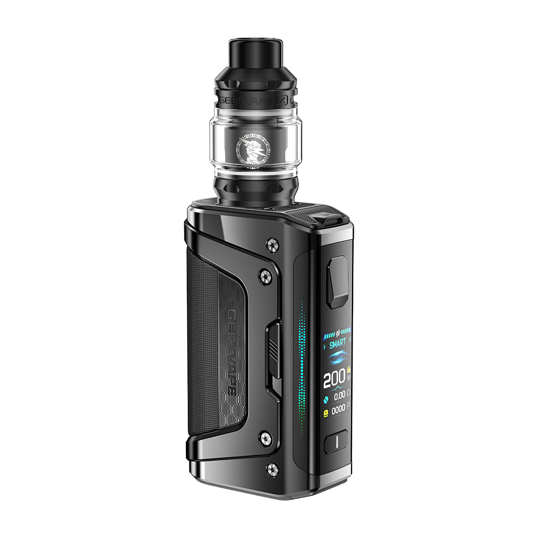 Black vape device with digital display on a white background