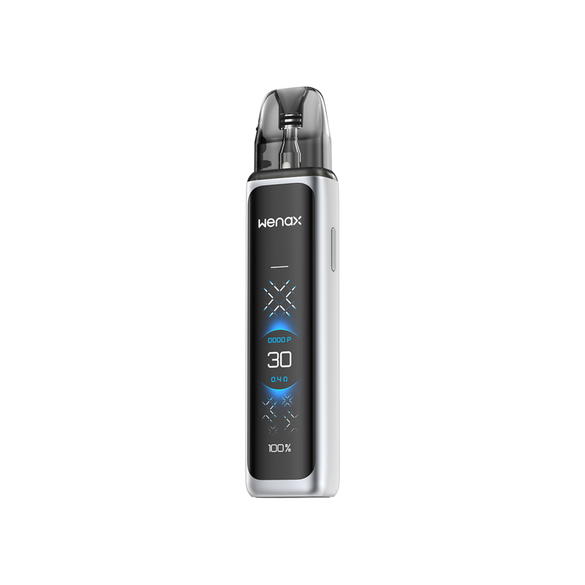 Vaping device with digital display on a white background