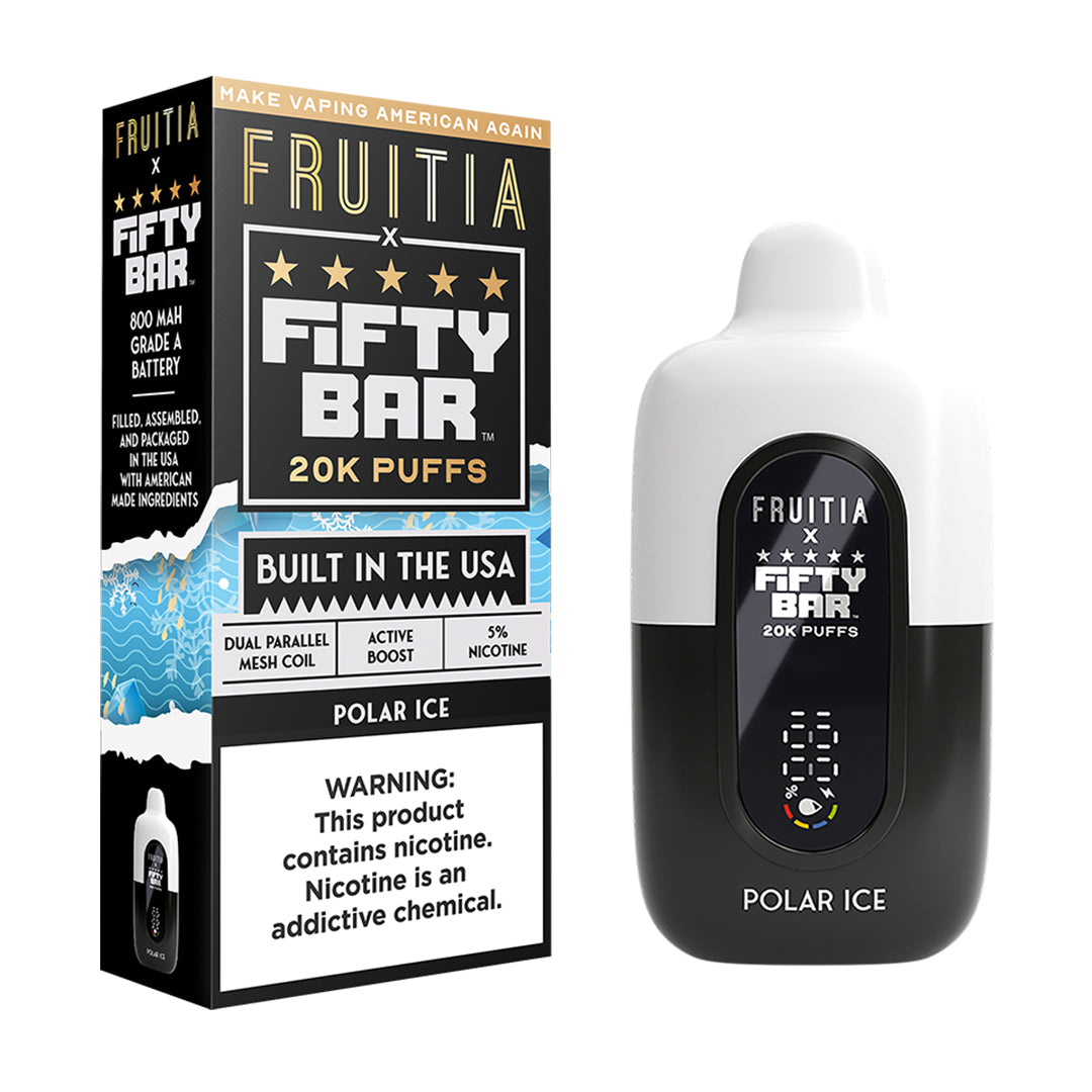 Fifty Bar x Fruitia polar ice disposable vape device and packaging on a white background