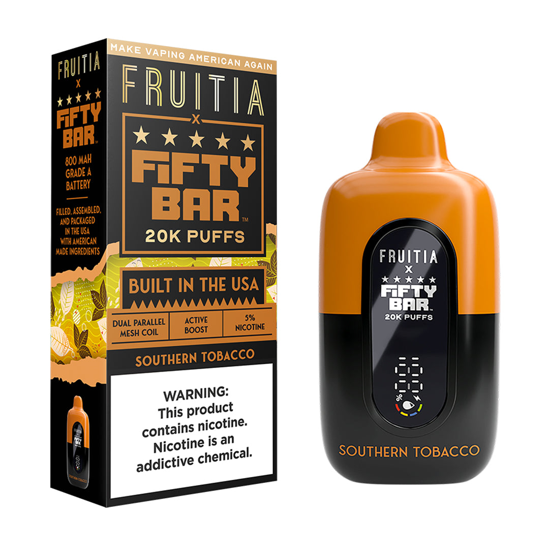 Fifty Bar x Fruitia southerntobacco disposable vape device and packaging on a white background