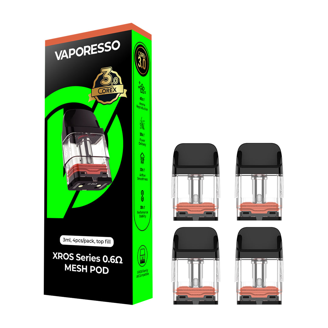 Vaporesso XROS COREX 2.0 and CX3 replacement vape pods and packaging on a white background