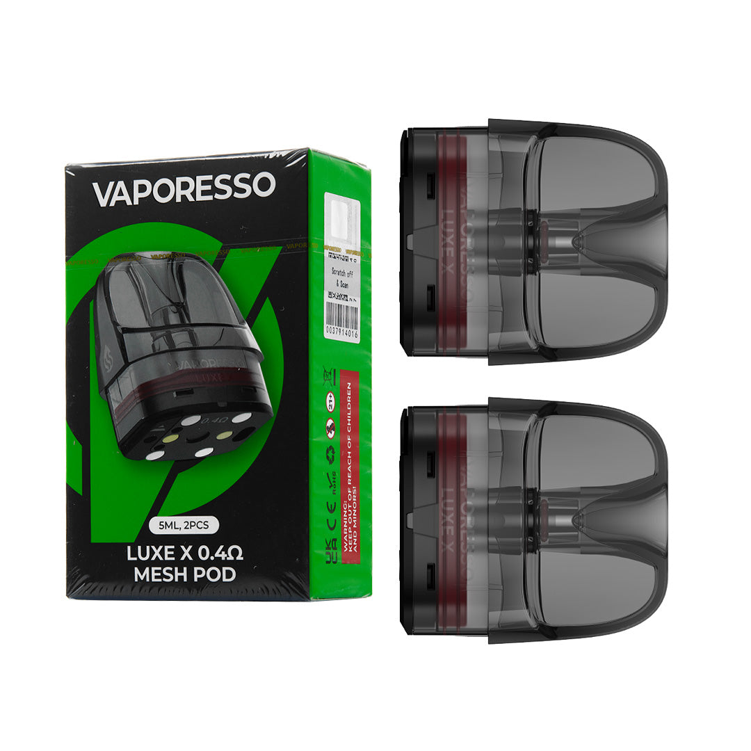 Vaporesso Luxe X Replacement Pods – 2-Pack packaging and pods on a white background
