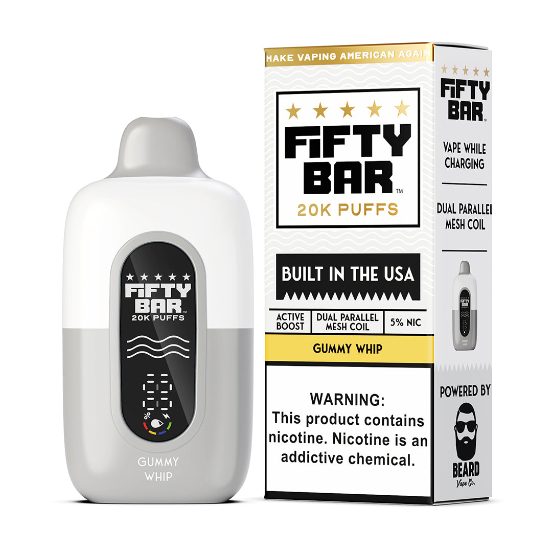 Fifty Bar Black Series gummy whip disposable vape device and packaging on a white background
