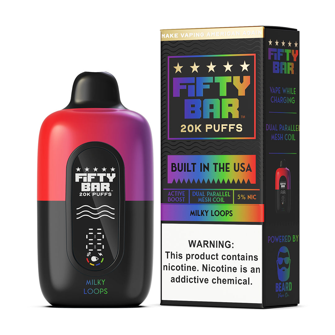Fifty Bar Black Series milky loops disposable vape device and packaging on a white background