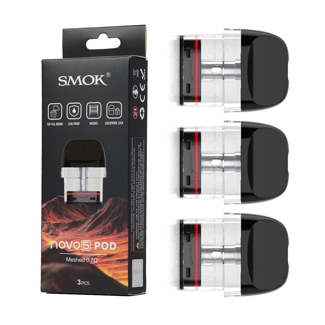 SMOK Novo 5 replacement pods and packaging on a white background
