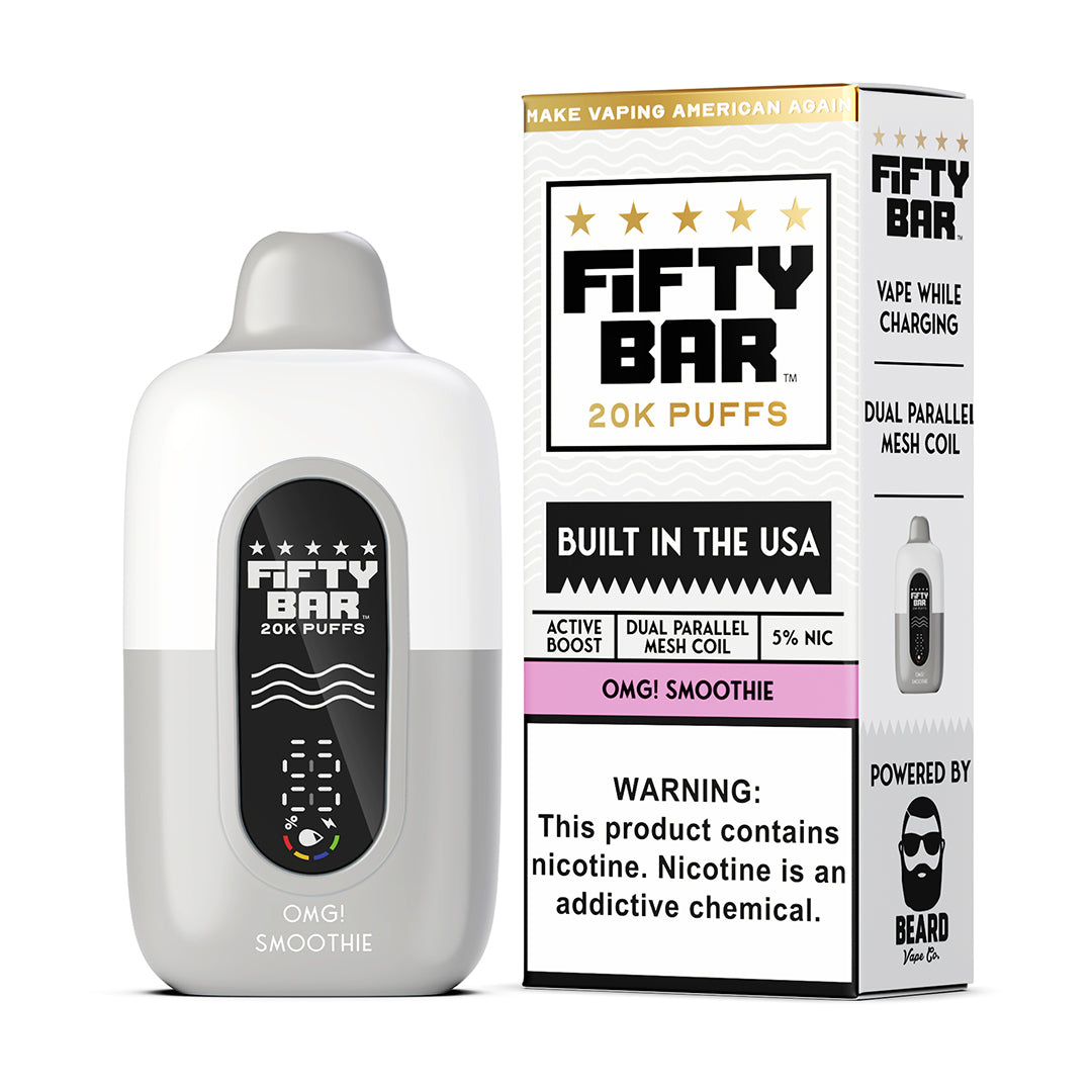 Fifty Bar Black Series omg! smoothie disposable vape device and packaging on a white background