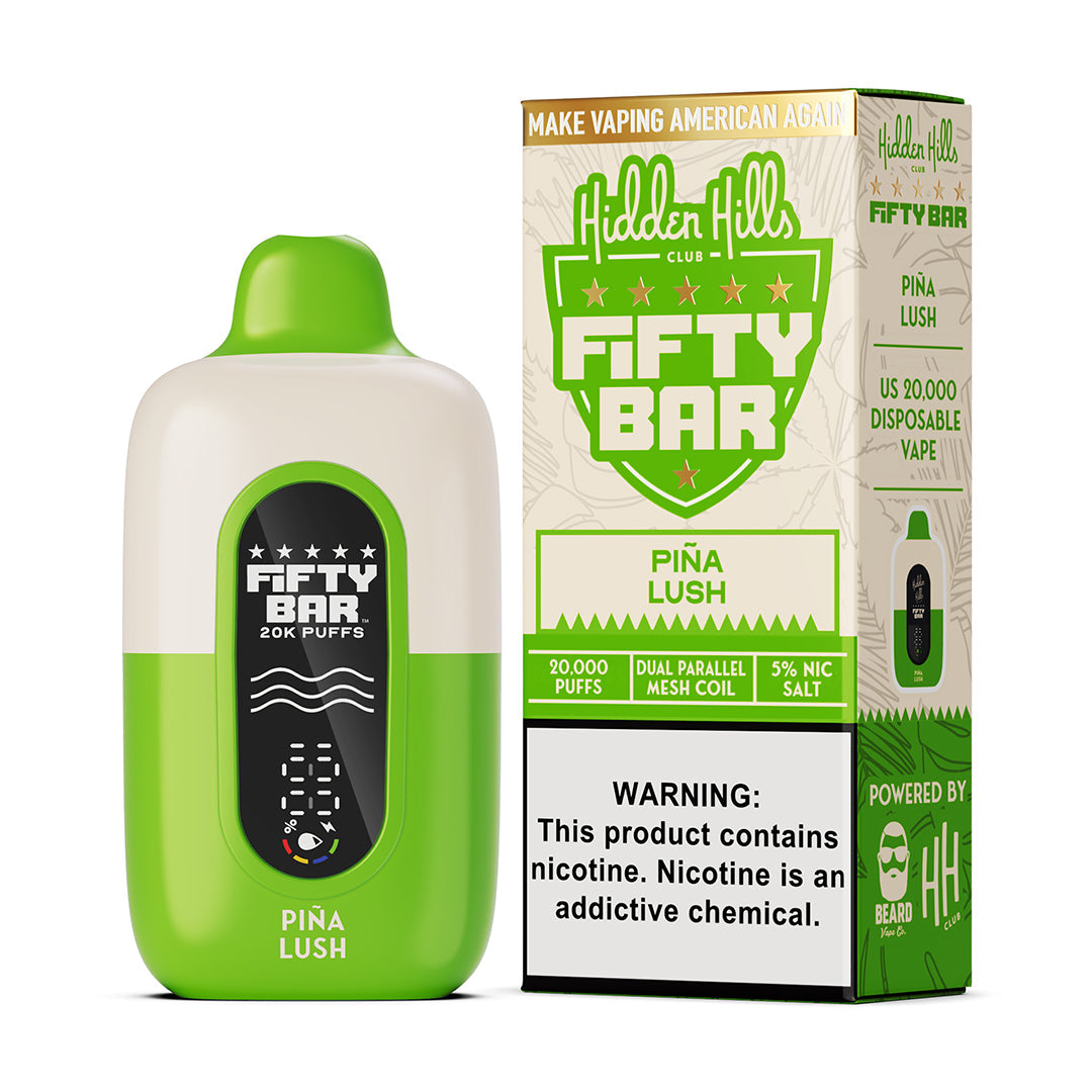 Fifty Bar x Hidden Hills pina lush disposable vape device and packaging on a white background