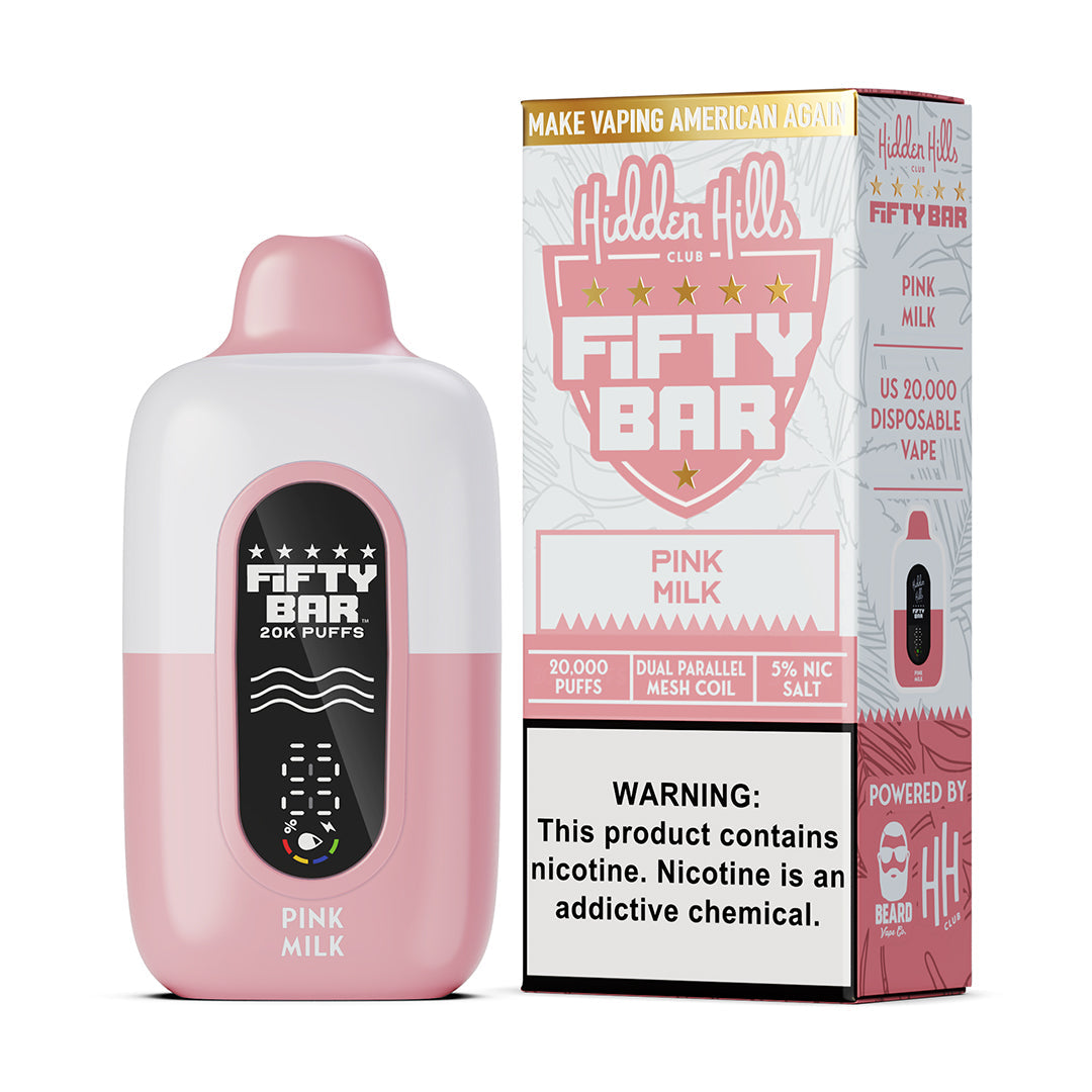 Fifty Bar x Hidden Hills pink milk disposable vape device and packaging on a white background