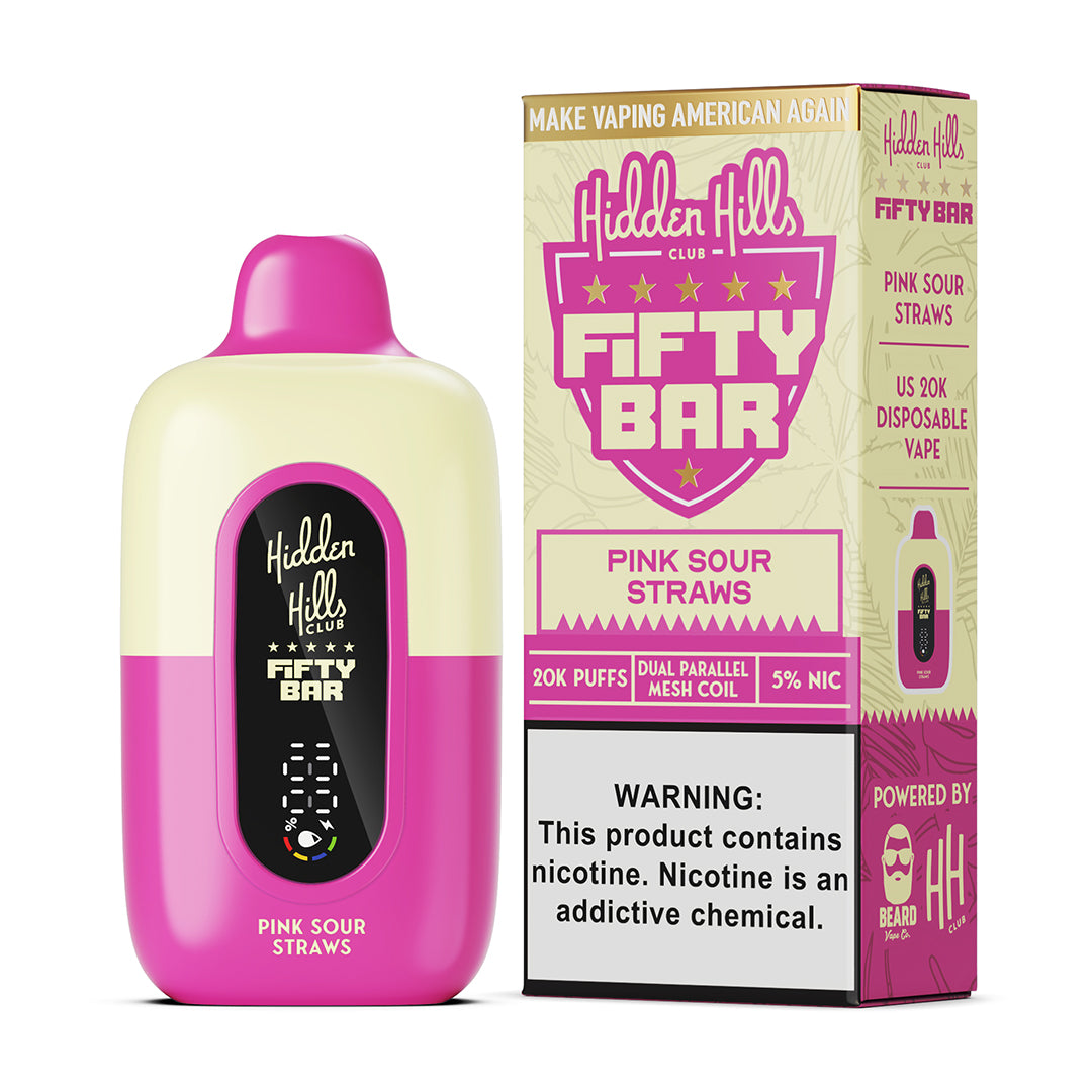 Fifty Bar x Hidden Hills pink sour straws disposable vape device and packaging on a white background