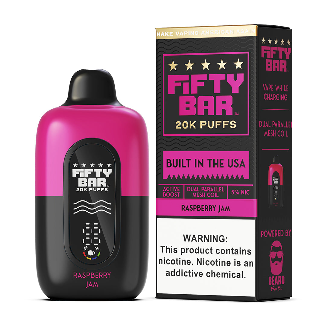 Fifty Bar Black Series raspberry jam disposable vape device and packaging on a white background