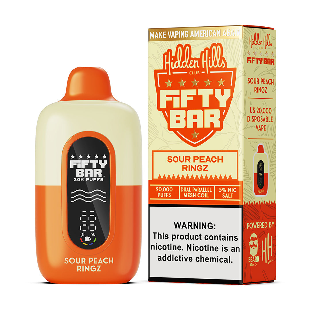 Fifty Bar x Hidden Hills sour peach ringz disposable vape device and packaging on a white background