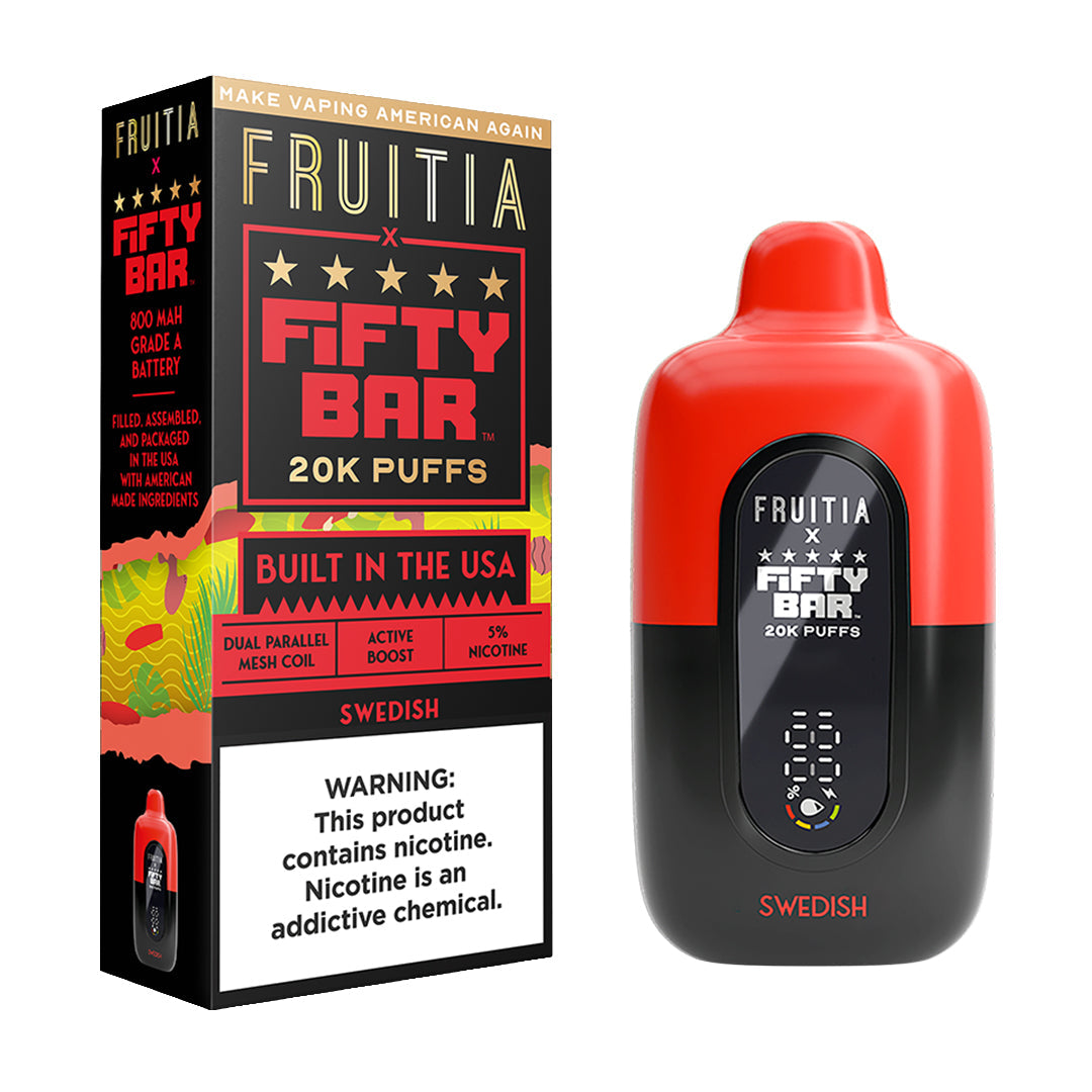 Fifty Bar x Fruitia swedish disposable vape device and packaging on a white background