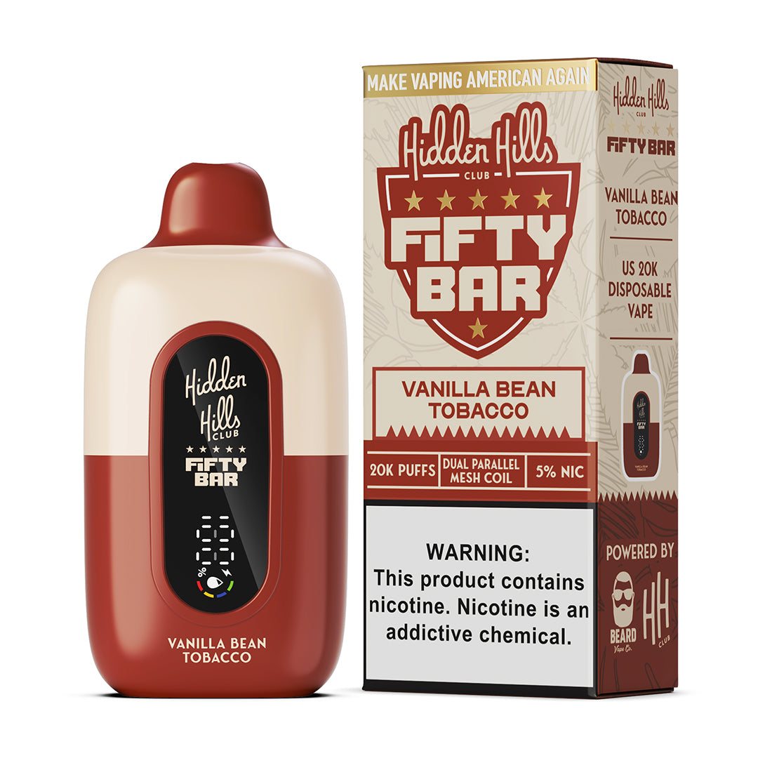 Fifty Bar x Hidden Hills vanilla bean tobacco disposable vape device and packaging on a white background