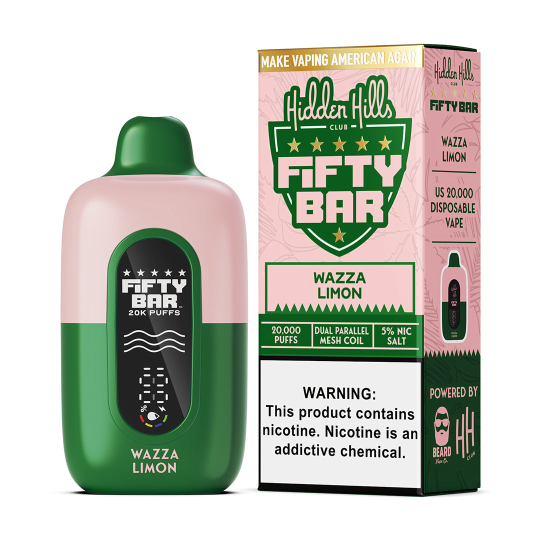 Fifty Bar x Hidden Hills wazza limon disposable vape device and packaging on a white background