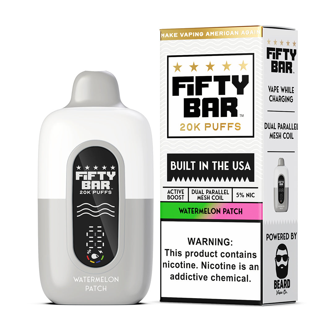 Fifty Bar Black Series watermelon patch disposable vape device and packaging on a white background