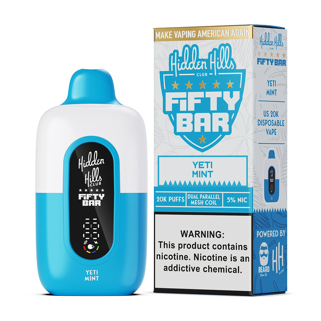 Fifty Bar x Hidden Hills yeti mint disposable vape device and packaging on a white background