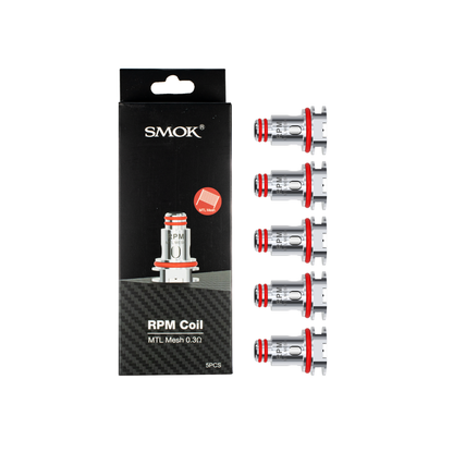 Smok RPM 0.3Ω replacement coils 5-pack and packaging on a white background