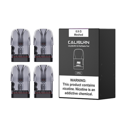 Uwell Caliburn G3 replacement pods – 0.4Ω (3mL STF), 0.6Ω (3mL STF), 0.9Ω (2.5mL SF), 1.0Ω (2mL), 1.2Ω (3mL STF) – 4‑Pack on a white background