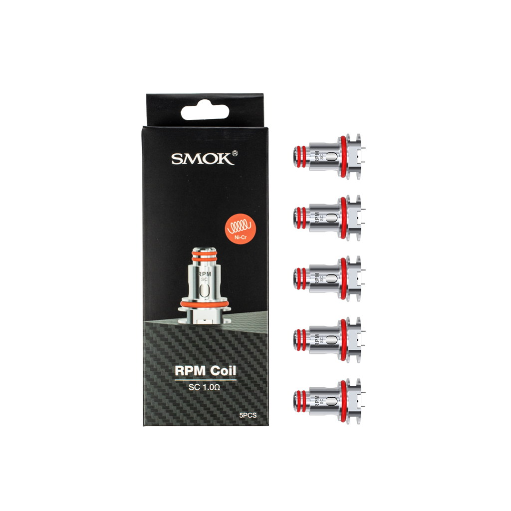 Smok RPM 1.0Ω replacement coils 5-pack and packaging on a white background