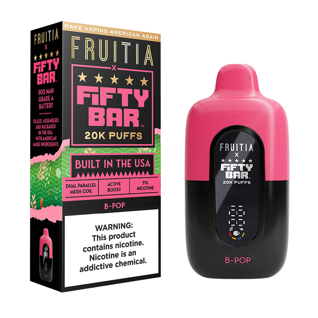 Fifty Bar x Fruitia b-pop disposable vape device and packaging on a white background