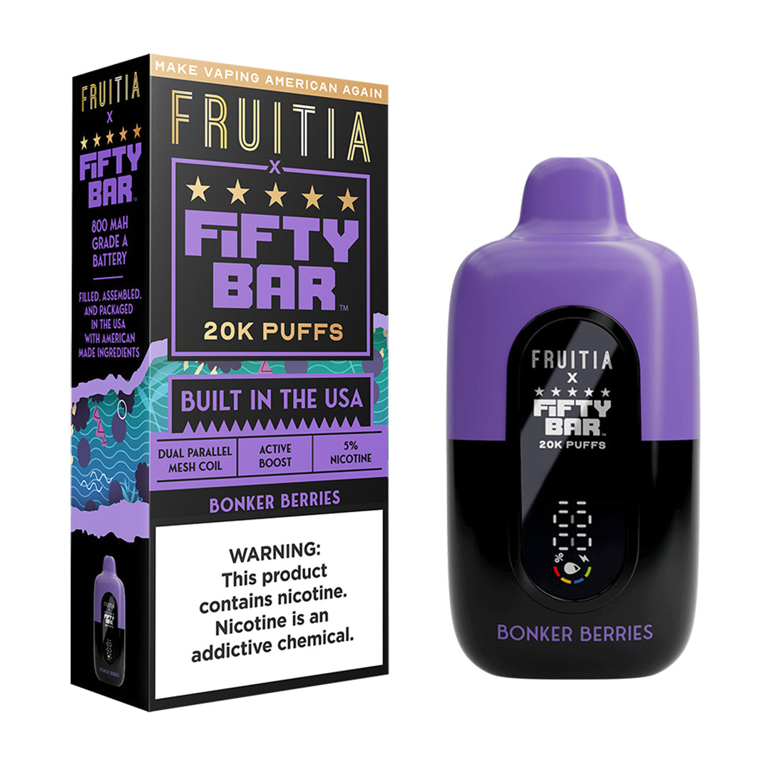 Fifty Bar x Fruitia bonker berries disposable vape device and packaging on a white background