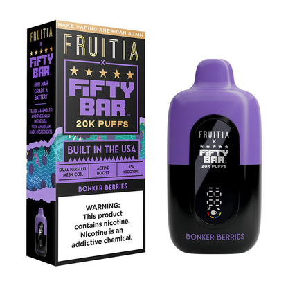 Fifty Bar x Fruitia bonker berries disposable vape device and packaging on a white background