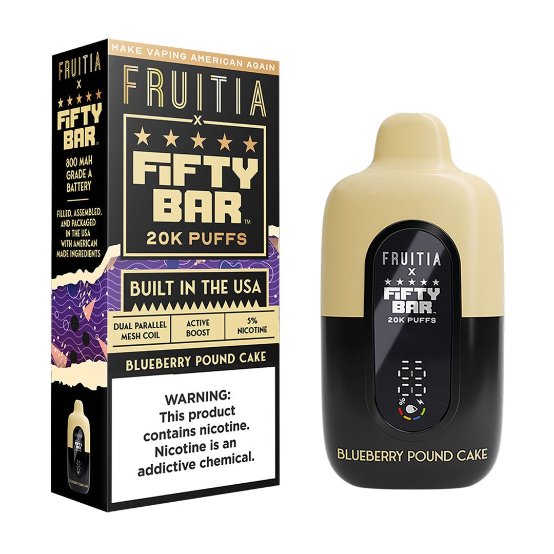 Fifty Bar x Fruitia blueberry pound cake disposable vape device and packaging on a white background