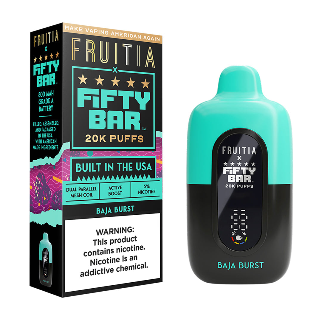 Fifty Bar x Fruitia baja burst disposable vape device and packaging on a white background