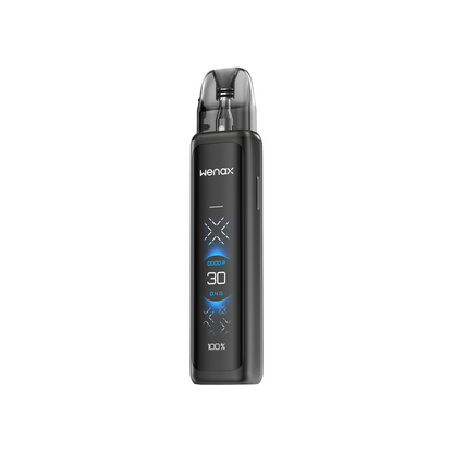 Black vape device with digital display on a white background