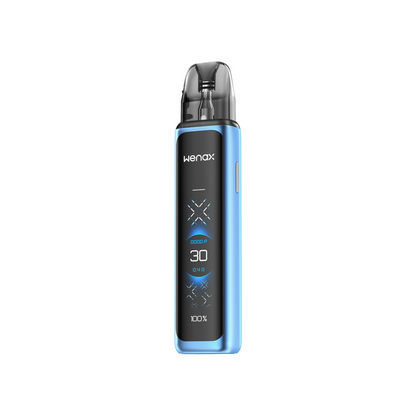Blue and black vape device with 'HENOX' branding on a white background