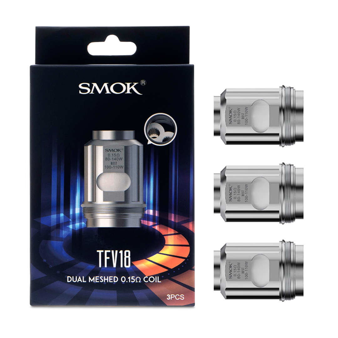 SMOK TFV18 replacement vape coils and packaging on a white background