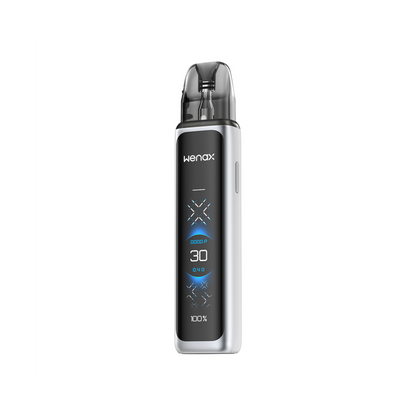 Vaping device with digital display on a white background