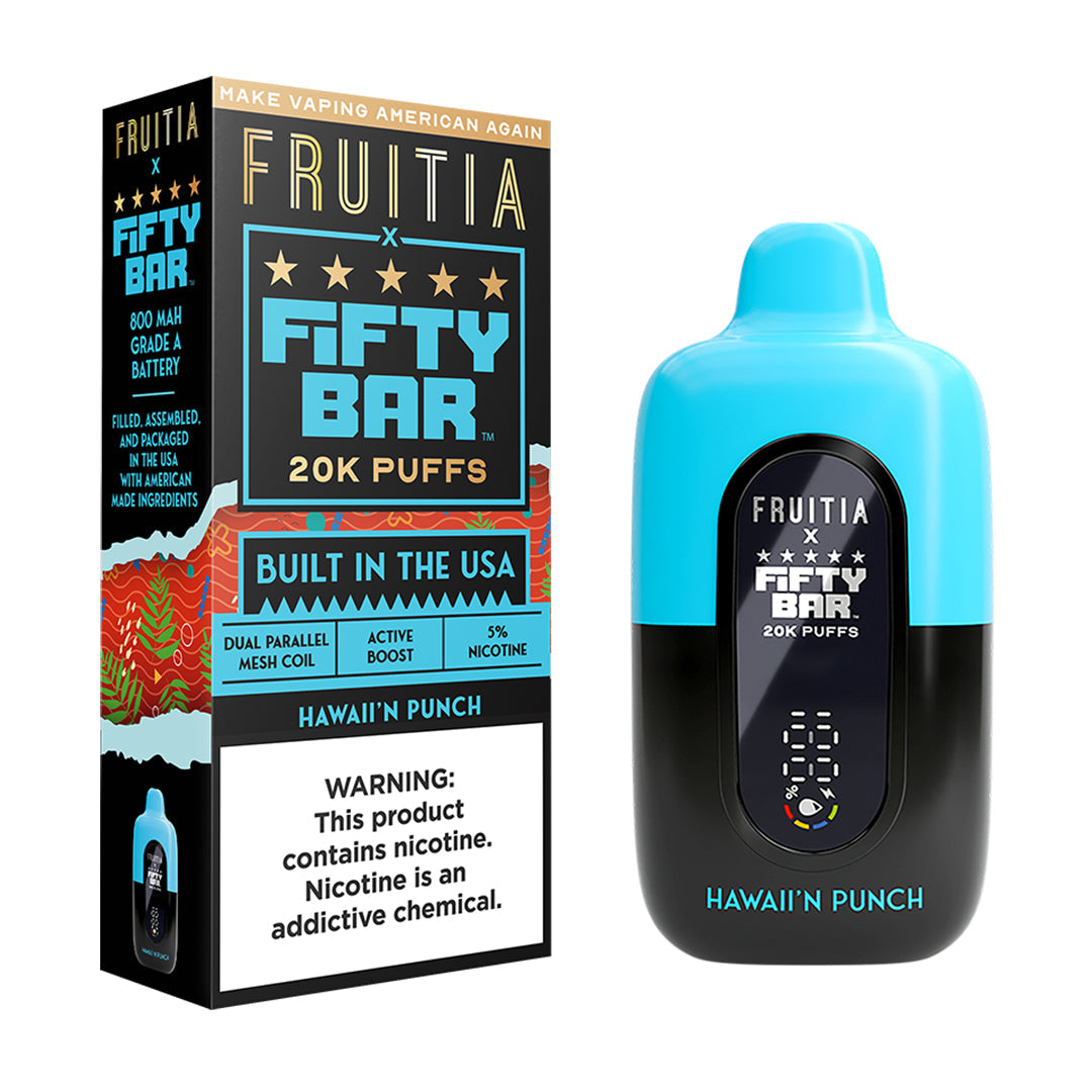 Fifty Bar x Fruitia hawaii'n punch disposable vape device and packaging on a white background