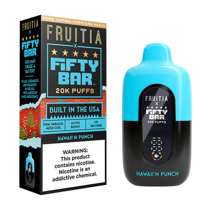 Fifty Bar x Fruitia hawaii'n punch disposable vape device and packaging on a white background