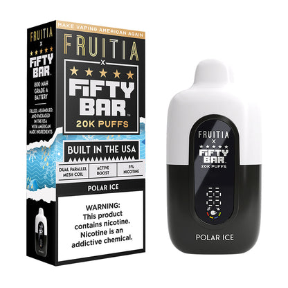 Fifty Bar x Fruitia polar ice disposable vape device and packaging on a white background
