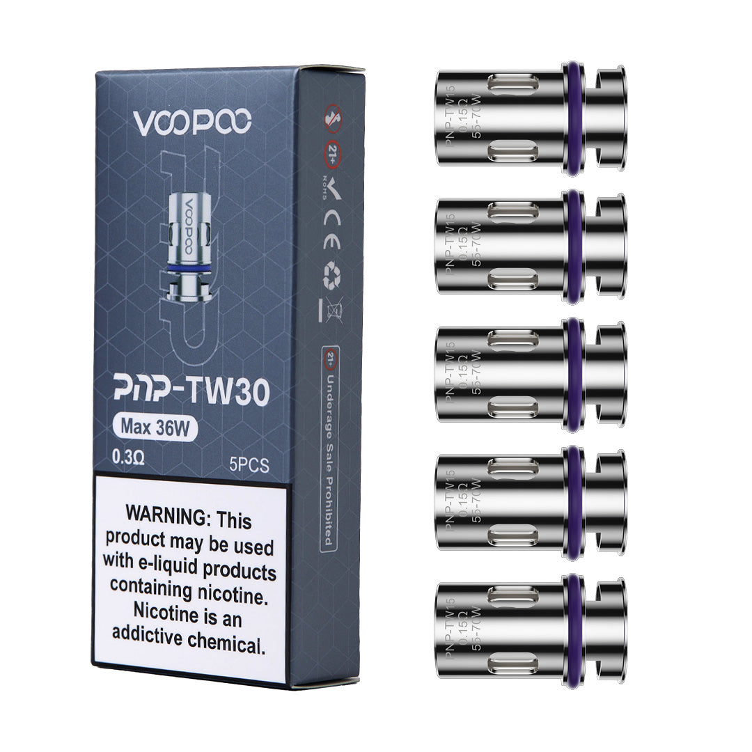 Voopoo PnP Mesh Coils 5-Pack vape replacement coils on a white background
