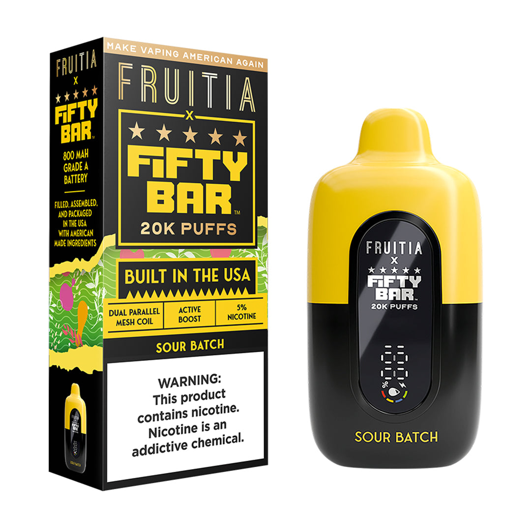 Fifty Bar x Fruitia sour batch disposable vape device and packaging on a white background