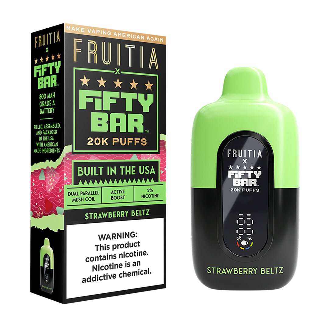 Fifty Bar x Fruitia strawberry beltz  disposable vape device and packaging on a white background