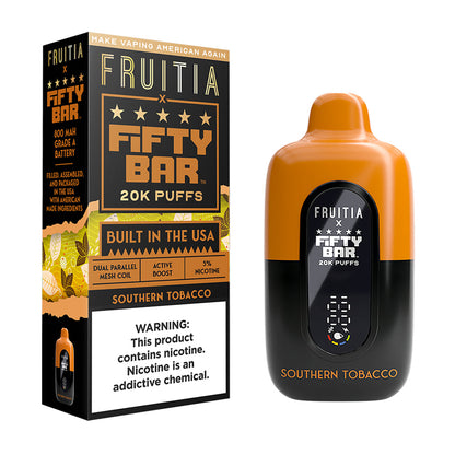 Fifty Bar x Fruitia southerntobacco disposable vape device and packaging on a white background