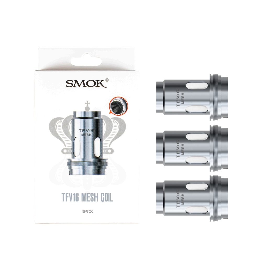SMOK TFV16 replacement vape coils and packaging on a white background