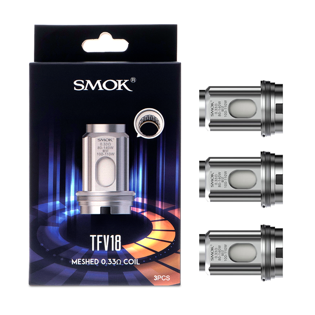 SMOK TFV18 replacement vape coils and packaging on a white background