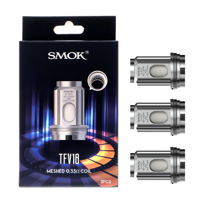 SMOK TFV18 replacement vape coils and packaging on a white background