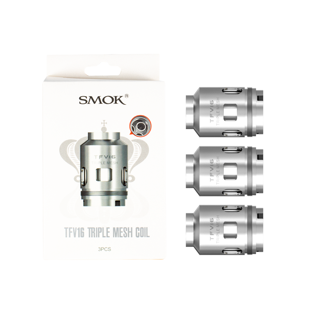 SMOK TFV16 replacement vape coils and packaging on a white background