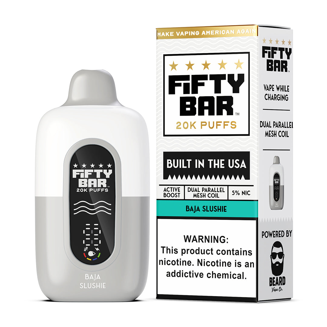 Fifty Bar Black Series Baja Blast disposable vape device and packaging on a white background