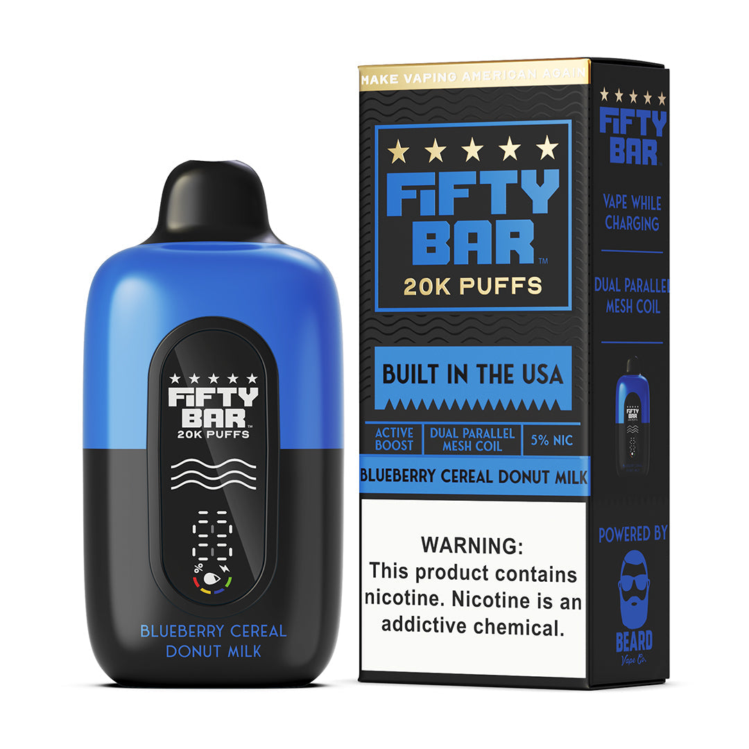 Fifty Bar Black Series Blueberry Cereal Donut Milk disposable vape device and packaging on a white background