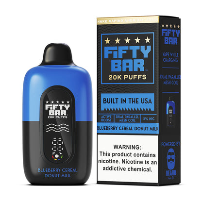 Fifty Bar Black Series Blueberry Cereal Donut Milk disposable vape device and packaging on a white background