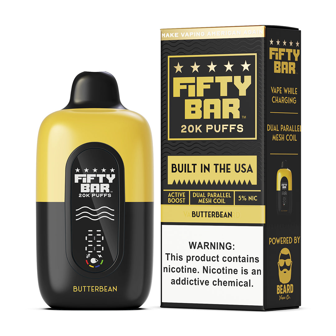 Fifty Bar Black series butterbean disposable vape device and packaging on a white background